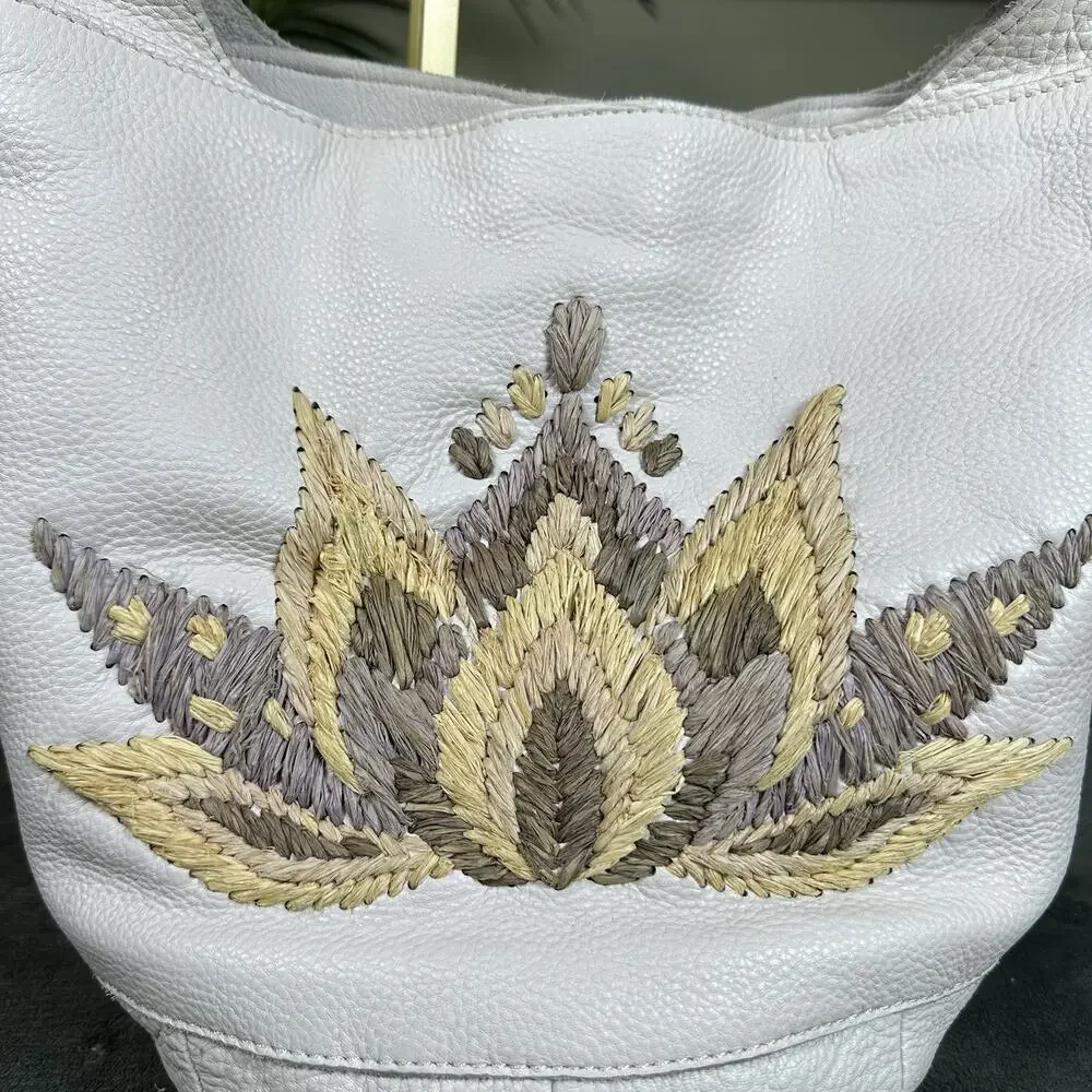 the Sak Leather Hobo bucket Ivory soft Straw embelishment hippie